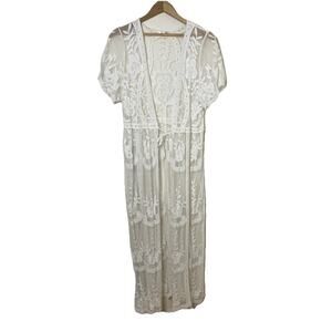 VTG 70s White Long Lace Sheer Peignoir Robe Lingerie Short Sleeve S/M Boudoir
